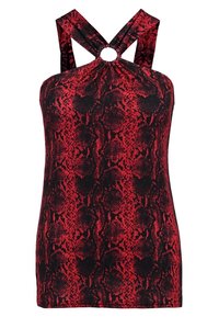Czerwona i czarna bezrękawnik z motywem wężowym, z krzyżującymi się ramiączkami i okrągłym akcentem przy dekolcie. Gładka faktura materiału.