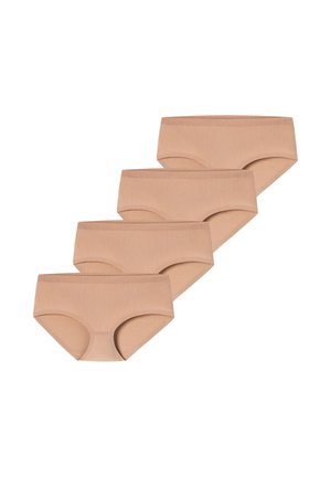 Vier Paar nahtlose, nude-farbene Damen-Hipster-Unterwäsche, gestaffelt auf weißem Hintergrund angeordnet.