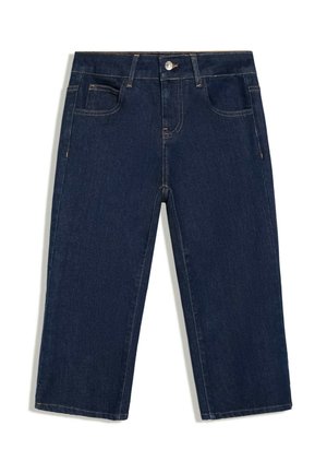 Jean court en denim bleu foncé avec poches avant, un bouton et des passants de ceinture sur fond blanc.