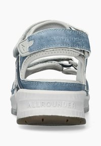 Sandale bleue et blanche avec des sangles réglables, dessus texturé, semelle rembourrée et détail du logo sur le talon. Convient pour une utilisation en extérieur.