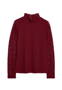Maglione a maniche lunghe color bordeaux con colletto alto realizzato in un tessuto testurizzato con un design a maglia premium. Presenta un colletto alto e una vestibilità rilassata.