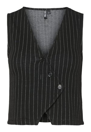 Czarna kamizelka w prążki bez rękawów z głębokim dekoltem w kształcie litery V i trzema guzikami z przodu, o luźnym kroju, marka Pieces.