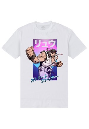 Bílý bavlněný tričko s grafikou postavy s svalnatou postavou, sevřenou pěstí a japonským textem na barevném pozadí.