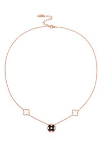 Rose gold necklace with a delicate chain featuring two flower-shaped accents and a central circular black gem. Adjustable clasp closure.