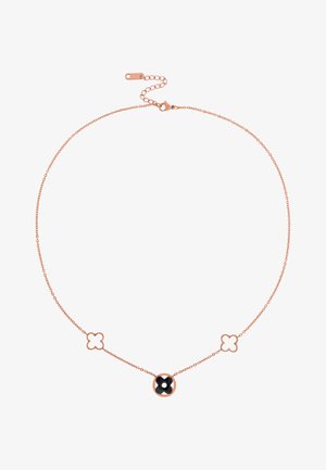 Roségold-Halskette mit feiner Kette, die zwei blumenförmige Akzente und einen zentralen schwarzen, runden Edelstein aufweist. Verstellbarer Verschluss.