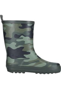 Botte en caoutchouc vert camouflage avec un haut tige, surface texturée et une base grise solide. Dispose d'une languette à l'arrière pour un enfilage facile.