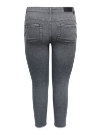 Vue de dos d’un jean en denim gris slim-fit taille mi-haute avec deux poches arrière et un patch de marque noir sur la ceinture.
