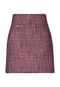Short plaid skirt in shades of burgundy and pink, featuring a textured fabric, two front pockets, and decorative hardware accents.