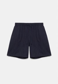 Shorts décontractés bleu marine avec ceinture élastique, cordon réglable et poches latérales, posés à plat sur un fond clair.