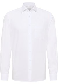 Witte blouse met lange mouwen van katoen, met een puntkraag, knoopsluiting aan de voorkant, een enkele borstzak en een gladde textuur.