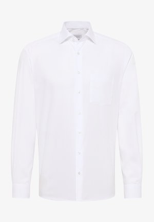 Witte blouse met lange mouwen van katoen, met een puntkraag, knoopsluiting aan de voorkant, een enkele borstzak en een gladde textuur.