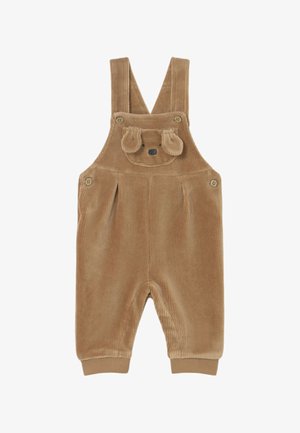 Salopette da neonato in velluto a coste marrone con bretelle con bottoni e una piccola faccia di cane con orecchie sulla tasca del petto.