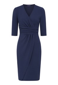Robe portefeuille bleu marine midi avec des manches trois-quarts et un détail de taille froncé.