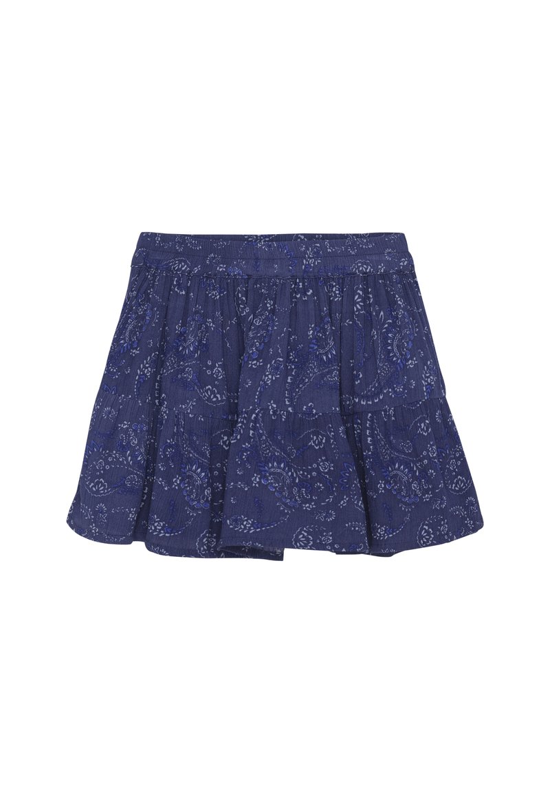 Marinblå flerlagad kjol med paisleymönster, tillverkad av lättviktig tyg med resårmidja för flexibilitet och komfort.