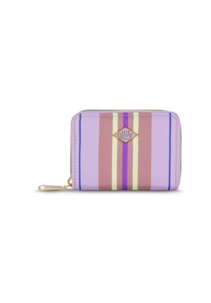 Kleine ritsportemonnee met verticale strepen in paars, roze, geel en bruin, voorzien van een gouden rits en "oilily" logo aan de voorkant.