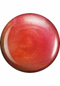 Rund, glänsande läppprodukt i gradientfärger av rött och orange, med en skimrande finish och metallisk lyster. Mjuk konsistens.