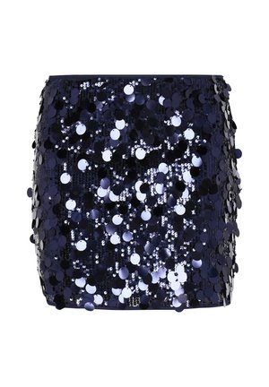 Marineblaue Minirock, bedeckt mit großen reflektierenden Pailletten, die einen funkelnden Effekt erzeugen.