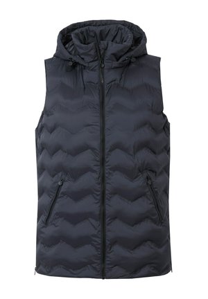Gilet imbottito blu navy con cappuccio; presenta una texture a trapunta chevron, chiusura frontale con zip e due tasche laterali con zip.