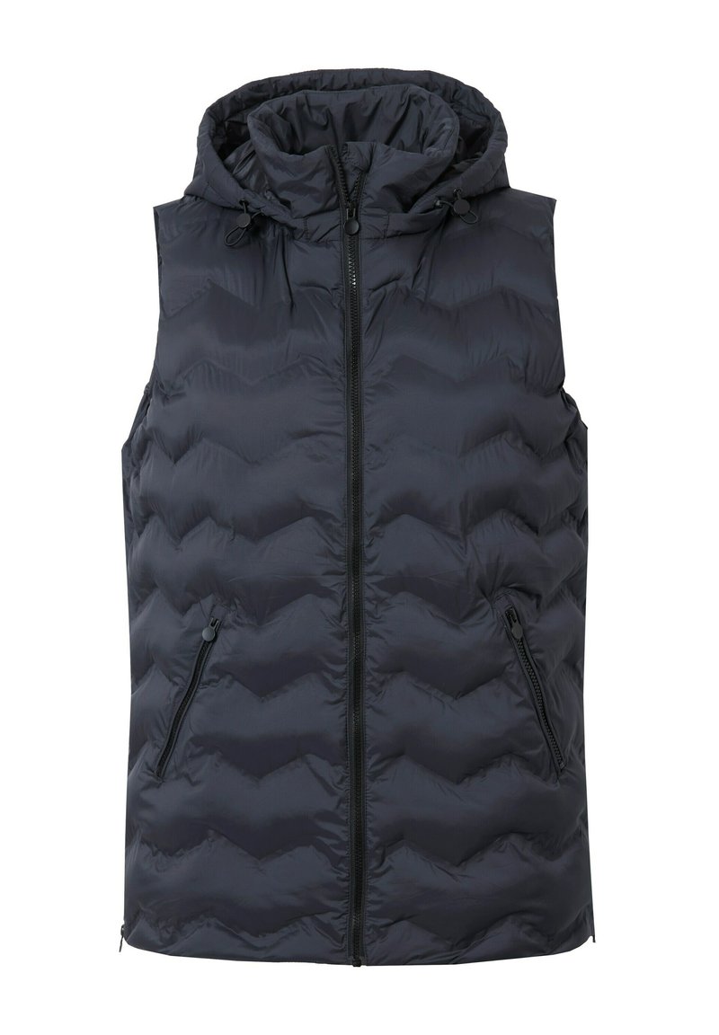 Dunkelblaues Steppweste mit Kapuze; verfügt über ein Chevron-gestepptes Muster, einen Reißverschluss vorne und zwei seitliche Reißverschlusstaschen.