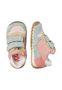 Sneakers multicolori per bambini piccoli, realizzati in suede e tessuto. Caratterizzati da due cinturini in velcro, suola in gomma e un mix di dettagli in rosa, blu e oro.
