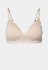 Beige draadloze bralette met een V-hals ontwerp, een gladde textuur en verstelbare bandjes. Gemaakt van zacht, rekbaar materiaal voor optimaal comfort.