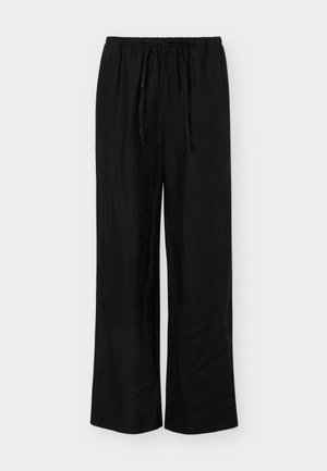 Pantaloni neri a gamba larga con vita elastica e coulisse, realizzati in tessuto leggero, mostrati su sfondo bianco.