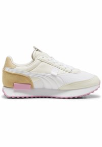 White sneaker with suede and mesh panels, pink accents on sole and heel, flat laces, and a rounded toe design.