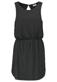 Robe noire sans manches avec taille élastique et petits clous argentés le long de l'encolure, des emmanchures et de l'ourlet, dotée d'une fermeture dos avec ouverture en forme de goutte.