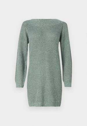 Sukienka dzianinowa w jasnym zielonym kolorze, z długimi rękawami, szerokim dekoltem i teksturowanym materiałem. Posiada prosty krój i ściągacz na dole.