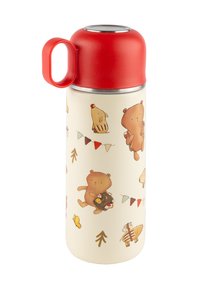 Insulated stainless steel thermos with a red cap and handle, featuring a cream-colored body adorned with playful bear illustrations and patterns.