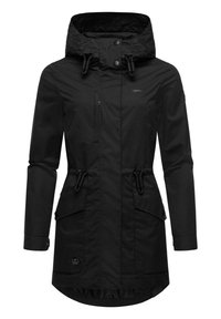 Black waterproof parka with a hood, adjustable drawstring waist, front pockets, and snap/button closures. Smooth texture and mid-length design.