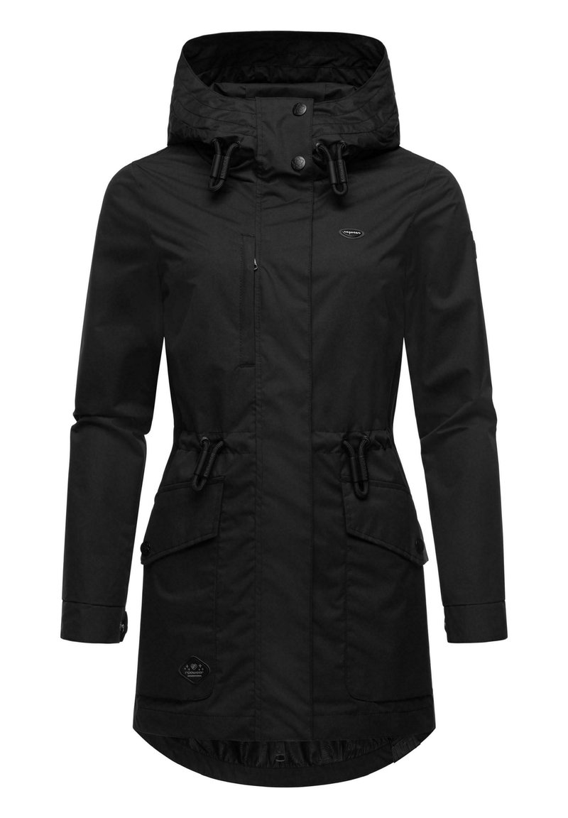 Black waterproof parka with a hood, adjustable drawstring waist, front pockets, and snap/button closures. Smooth texture and mid-length design.