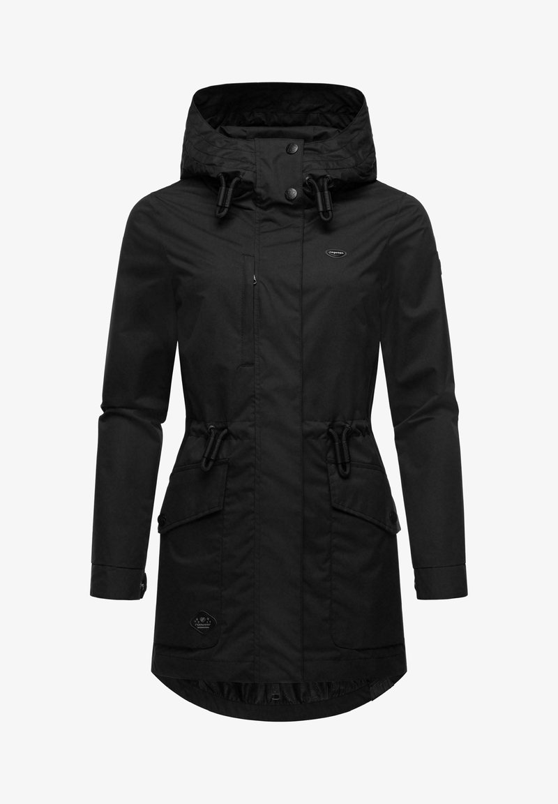 Black waterproof parka with a hood, adjustable drawstring waist, front pockets, and snap/button closures. Smooth texture and mid-length design.