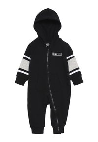 Zwarte hoodie onesie met rits, met grijs gestreepte mouwen en een logo patch aan de voorkant. Gemaakt van zachte katoen.