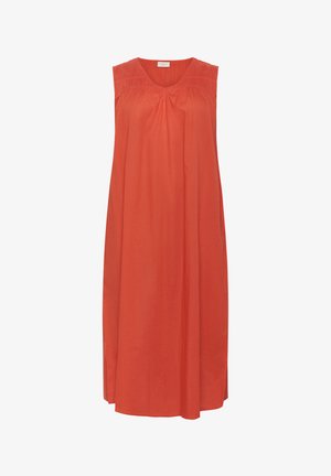 Ilma varrukat oranž kleit, millel on kaeluse juures kogumise detailid, vabalt voolav A-line siluett ja kergest kangast mugavuseks.