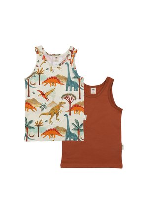 Zwei ärmellose Kinder-Tanktops, eines in einfarbig rostfarben und eines weiß mit mehrfarbigen Dinosaurier- und Palmenmotiven.