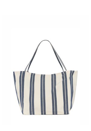Sac fourre-tout crème avec des rayures verticales bleu marine et deux bretelles, fabriqué en tissu tissé.