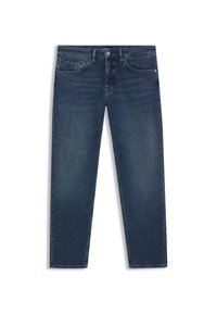Dark blue denim jeans with a straight-leg cut, five-pocket design, and light fading. Features a button closure and subtle logo detail.