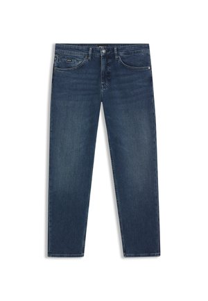 Dark blue denim jeans featuring a straight-leg design, five-pocket style, and subtle wash details. Metal button and zipper closure.