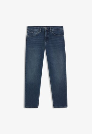 Dark blue denim jeans featuring a straight-leg design, five-pocket style, and subtle wash details. Metal button and zipper closure.