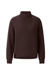 Brown knitted sweater, featuring a high neckline, raglan sleeves, ribbed texture, and a slightly cropped hem with side slits.