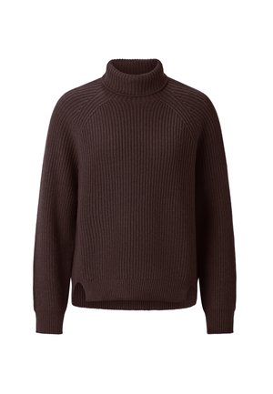 Bruin gebreid sweater met een hoge hals, raglanmouwen, geribbelde textuur en een iets verkorte zoom met zijsplitten.