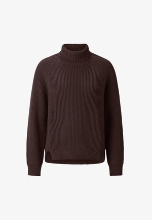 Brauner Strickpullover mit hohem Kragen, Raglanärmeln, gerippter Textur und leicht cropped Saum mit seitlichen Schlitzen.