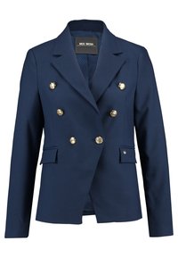 Tummansinisessä kaksirivisessä bleiserissä on kultaiset napit, muotoiltu leikkaus, kaarrokeet ja etupussit. Tasainen kangas, jossa on pehmeä pinta.