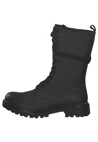 Black leather lace-up boot with a round toe, textured upper, sturdy sole, and a pull tab at the back, designed for durability and comfort.