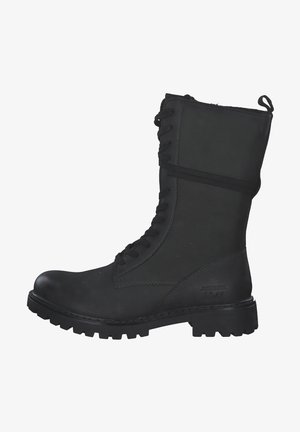 Stivali neri in pelle con lacci, punta rotonda, tomaia testurizzata, suola robusta e un linguetto sul retro, progettati per durata e comfort.