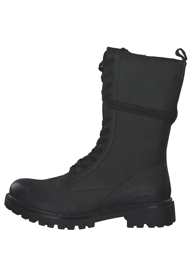 Black leather lace-up boot with a round toe, textured upper, sturdy sole, and a pull tab at the back, designed for durability and comfort.