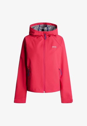 Veste à capuche rouge zippée avec tirettes de fermeture éclair bleues, manches longues et petit logo blanc « Red Bull Racing » sur la poitrine gauche.