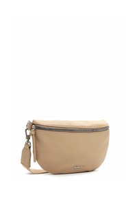 Beige kožená taštička s uzávěrem na zip, zaobleného tvaru a odnímatelným popruhem. Má texturovaný povrch a decentní logo detail.