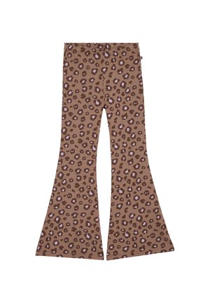 Pruunid lõuendiga lehmakujulised lahvatused helelilla ja tumepruuni täppidega, elastse vöökohaga, tasapinnal valgel taustal.